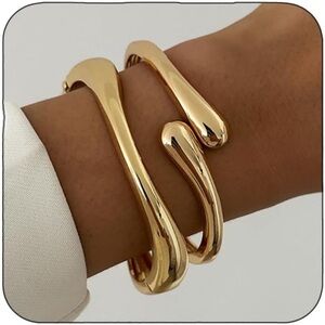 Chunky 18k Gold Plated Cuff Bangle Set Waterproof Non Tarnish Stack Bracelets